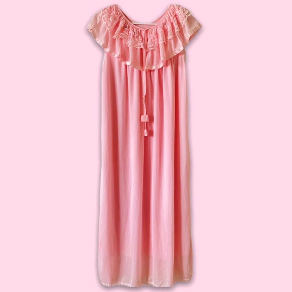 light pink nightgown with lace detailing and tie